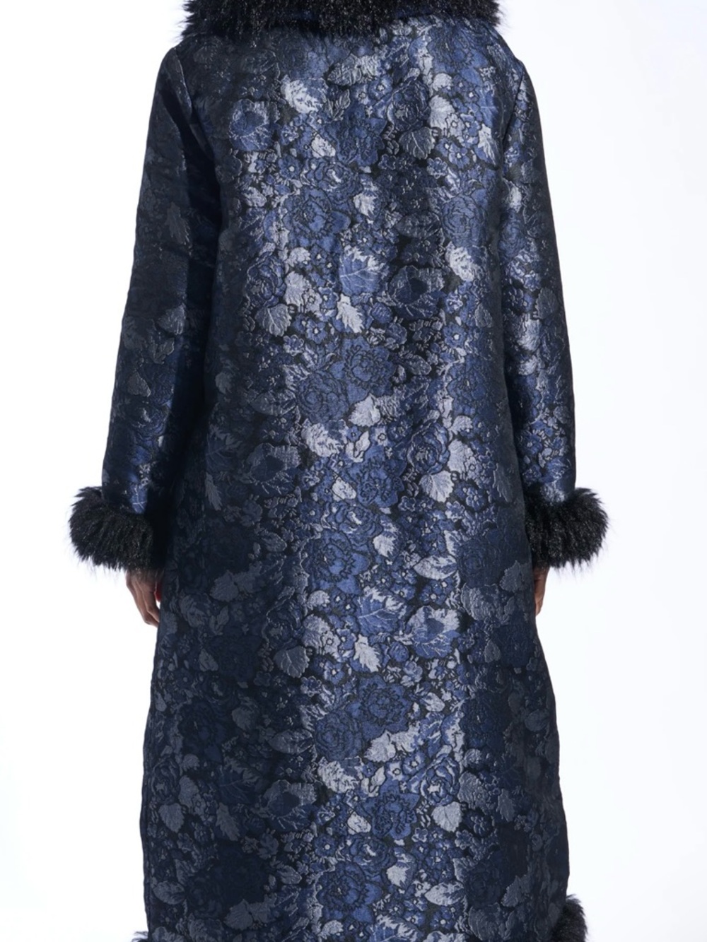 Navy Floral Jacquard Trench Coat with Black Faux Fur Trim - Picture 3 of 9